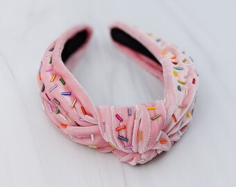 PINK SPRINKLES BEADED Confetti Knot Velvet Headband Rainbow Beads Handmade Knotted Turban Icing Baker Birthday Party Gift for Her