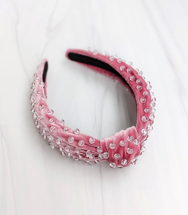 MAUVE PINK BEADED Knot Velvet Headband Crystal Clear Acrylic - Etsy