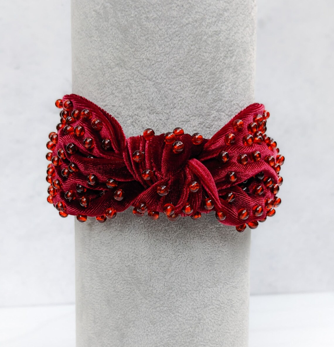 MAROON BEADED Knot Velvet Headband Deep Red Acrylic Beads Etsy
