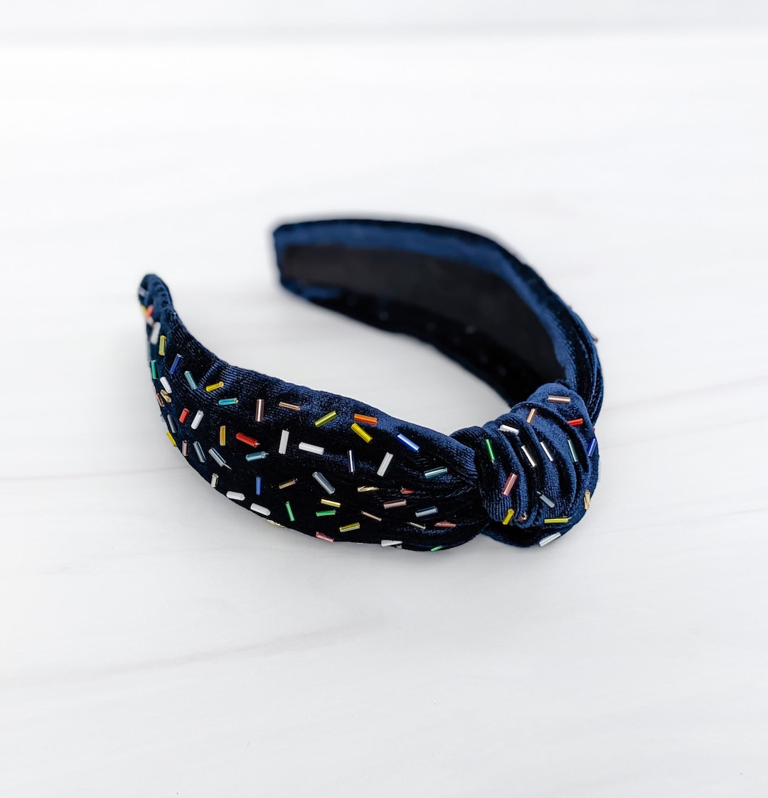 Navy Blue Rainbow Sprinkles Headband Knotted Velvet Headband Etsy