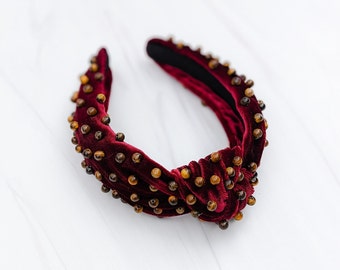 BURGUNDY TIGERS EYE Beaded Knot Velvet Headband Semiprecious Natural Beads Handmade Knotted Healing Stones Maximalist Luxe Gift for Her