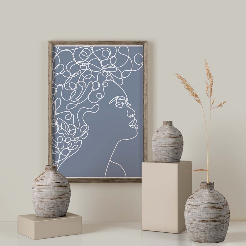 Slate Blue African American Wall Art Teen Girl College Dorm Decor PRINTABLE Aesthetic Wall Art Room Decor Face Line Art