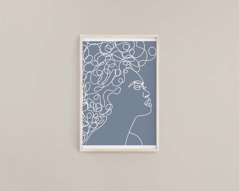 Slate Blue African American Wall Art Teen Girl College Dorm Decor PRINTABLE Aesthetic Wall Art Room Decor Face Line Art