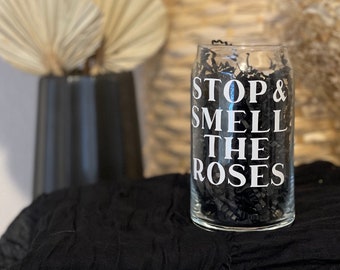 16oz Iced Coffee Glass | 16oz Beer Glass | Perfect Gift for Coffee & Beer Lover | Beer Can Latte Glassware | Smell The Roses | Rose