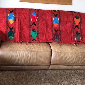 Mexican Blanket, Heavyweight Handwoven Fish Design, Yellow, Teal, or Red. Please note: color of fish will vary from picture and from blanket