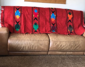 Mexican Blanket, Heavyweight Handwoven Fish Design, Yellow, Teal, or Red. Please note: color of fish will vary from picture and from blanket