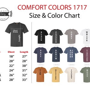 Pode incluir: Tabela de tamanhos para camisetas em v&aacute;rias cores, incluindo preto, azul marinho, denim, cinza, branco, pimenta, vinhedo, mostarda, musgo, marfim e azul. A tabela mostra as medidas de t&oacute;rax e comprimento em polegadas para os tamanhos S, M, L, XL, 2XL e 3XL.