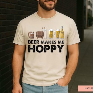 Funny Beer Shirt, Beer Makes Me Hoppy, Beer Brewing Shirt, Craft Beer Shirt with Glasses and Barrels, Pub Life Shirt for Brewery Fans