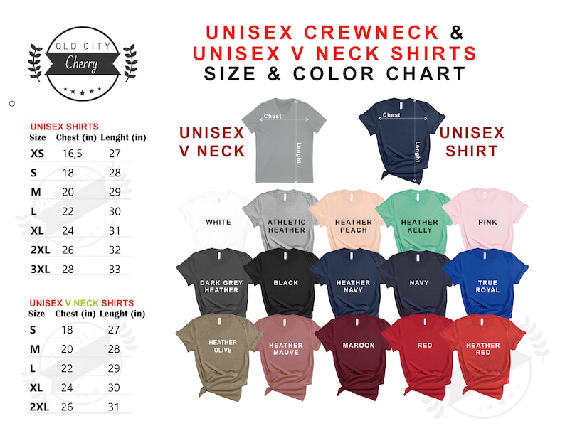 May include: Unisex crewneck and V-neck t-shirt size and color chart. The chart shows different sizes and colors of shirts, including white, black, navy, heather grey, heather peach, heather kelly, pink, true royal, heather olive, heather mauve, maroon, and red.
