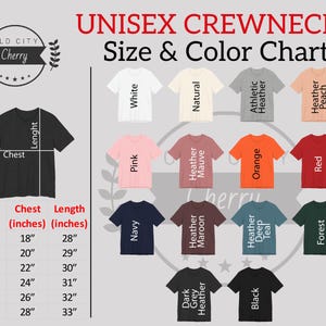 K&ouml;nnte beinhalten: Eine Unisex-Crewneck-Gr&ouml;&szlig;en- und Farbtabelle. Die Tabelle zeigt verschiedene T-Shirt-Farben, darunter Wei&szlig;, Pink, Marineblau und Schwarz. Sie zeigt auch eine Gr&ouml;&szlig;entabelle mit Brust- und L&auml;ngenma&szlig;en in Zoll, von Small bis 3XL.