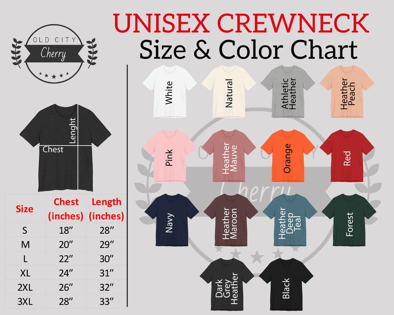 K&ouml;nnte beinhalten: Eine Unisex-Crewneck-Gr&ouml;&szlig;en- und Farbtabelle. Die Tabelle zeigt verschiedene T-Shirt-Farben, darunter Wei&szlig;, Pink, Marineblau und Schwarz. Sie zeigt auch eine Gr&ouml;&szlig;entabelle mit Brust- und L&auml;ngenma&szlig;en in Zoll, von Small bis 3XL.