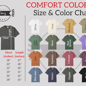 K&ouml;nnte beinhalten: Eine Gr&ouml;&szlig;en- und Farbtabelle f&uuml;r Comfort Colors T-Shirts. Die Tabelle zeigt verschiedene T-Shirt-Farben, darunter Wei&szlig;, Elfenbein und Schwarz. Die Ma&szlig;e sind in Zoll f&uuml;r Brust und L&auml;nge angegeben, von Gr&ouml;&szlig;e S bis 3XL.