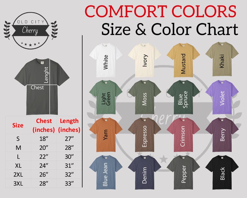 K&ouml;nnte beinhalten: Eine Gr&ouml;&szlig;en- und Farbtabelle f&uuml;r Comfort Colors T-Shirts. Die Tabelle zeigt verschiedene T-Shirt-Farben, darunter Wei&szlig;, Elfenbein und Schwarz. Die Ma&szlig;e sind in Zoll f&uuml;r Brust und L&auml;nge angegeben, von Gr&ouml;&szlig;e S bis 3XL.