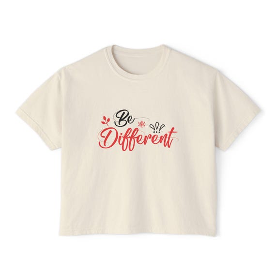 Pigment-Dyed Cotton Cropped Tee – "Be Different" Print, Vintage Coral Layering Shirt