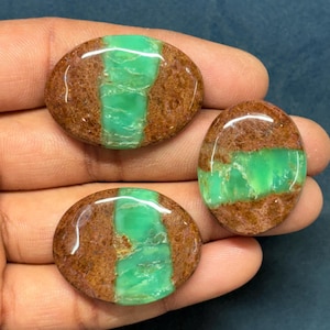 May include: Three oval-shaped gemstones. Each stone features a central band of bright green, flanked by a rich, earthy brown. The stones have a polished, glossy surface, reflecting light. The gemstones are held in a hand.