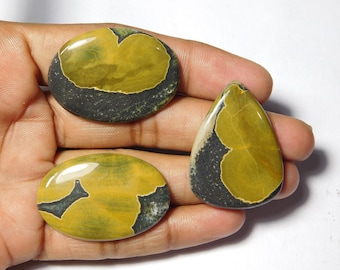 Puede incluir: Tres piedras preciosas pulidas en formas ovaladas, de lágrima y redondas. Las piedras presentan un patrón amarillo-marrón con acentos negros y blancos. Las piedras son lisas y tienen un acabado brillante, adecuadas para la fabricación de joyas.