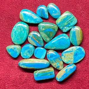 Op de afbeelding: Een verzameling gepolijste edelstenen in verschillende vormen, waaronder ovaal, druppelvormig en onregelmatig. De stenen vertonen een levendige mix van turquoise, blauwgroene en olijfgroene tinten, met natuurlijke patronen en adering. De edelstenen zijn gerangschikt op een rode ondergrond.