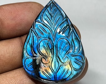 Carved Blue Flash Labradorite Gemstone Cabochon, Jewelry Making (77cts, 40x30mm)