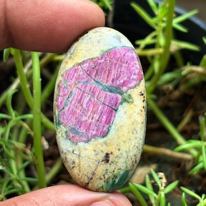 May include: An oval-shaped gemstone with a light yellow base, featuring a prominent pink and red pattern. The stone has a polished surface and is held by a hand, with green foliage in the background. The gemstone's pattern has a textured appearance.