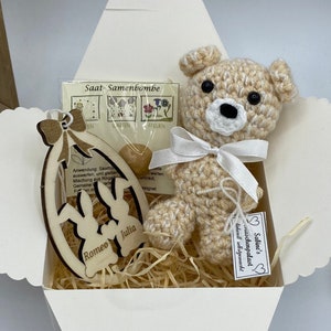 Personalisiertes Ostergeschenk Set, Teddy, Osterei, Samenbombe in Geschenkbox