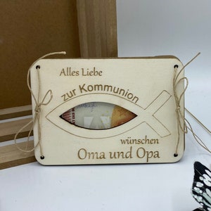 Gepersonaliseerde geldcadeaukaart voor communie van hout