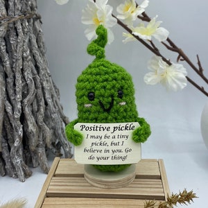 Könnte beinhalten: Eine grüne, gehäkelte Gurkenfigur mit einem lächelnden Gesicht und einem Schild mit der Aufschrift "Positive pickle. I may be a tiny pickle, but I believe in you. Go do your thing!" Die Figur steht auf einer kleinen Holzplattform.
