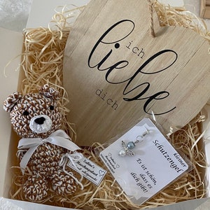 Geschenkset ich liebe dich mit Teddybär Schutzengel und Herz zum aufhängen