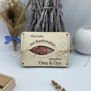 Personalized money gift card for confirmation made of wood