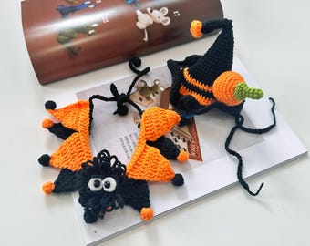 Jane's handgemaakte gehaakte ambachtelijke huisdier Halloween kostuum heks hoed hondenliefhebber cadeau schattig kitten kraag en muts set dassen voor kleine katten