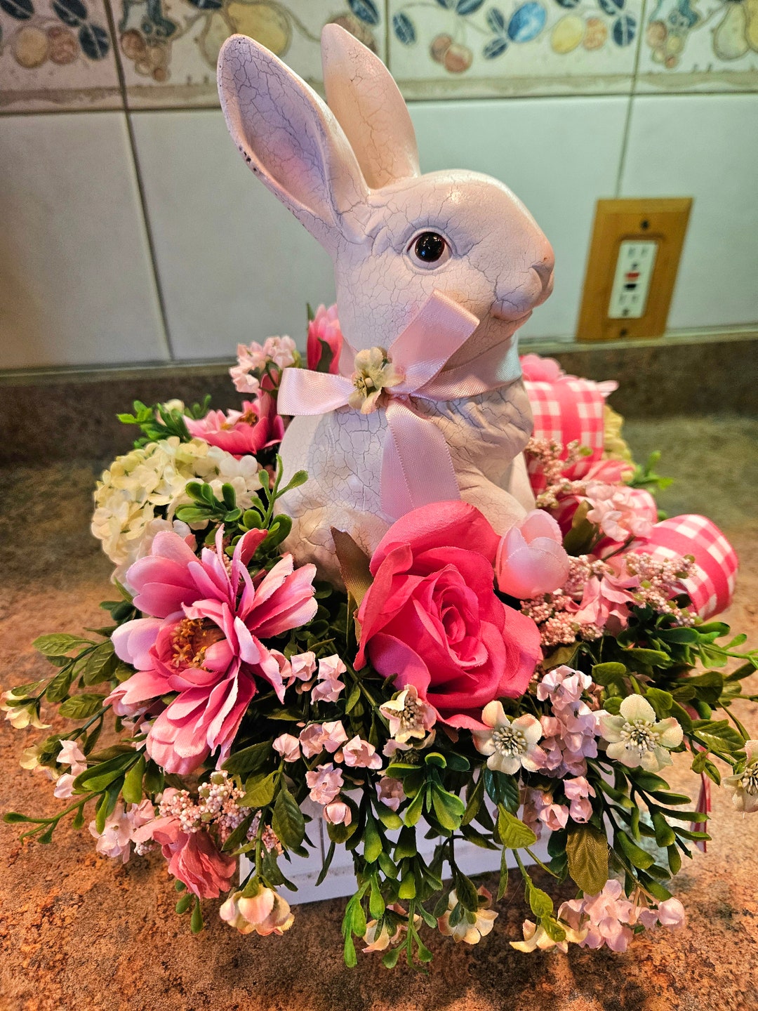 Easter Tabletop Arrangement, Easter Bunny Centerpiece, Flocked Bunny