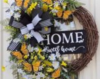 Everyday Home Sweet Home Grapevine Daisy Wreath With Butterflies for Spring Summer Front Door