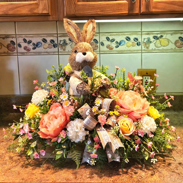 Easter Bunny Tabletop Arrangement,  Spring Rabbit Centerpiece, Spring Floral Table Decoration, Large Sisal Bunny Floral Decor for Table