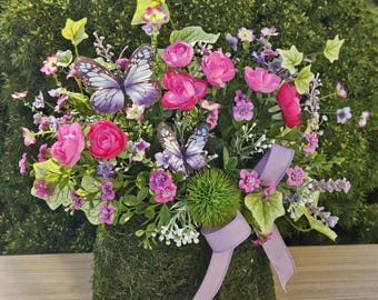 Summer Moss Purse Arrangement With Butterflies, Pink And Purple Faux Flowers,Whimsical Table or Entry Decor