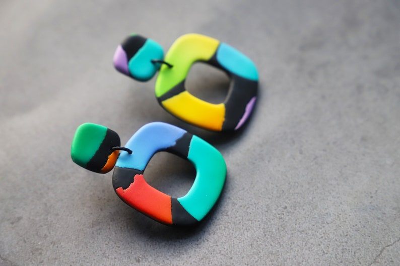 Mini Rainbow Terrazzo Square Dangle Earrings Polymer Clay Earrings Handmade Statement Earrings image 3