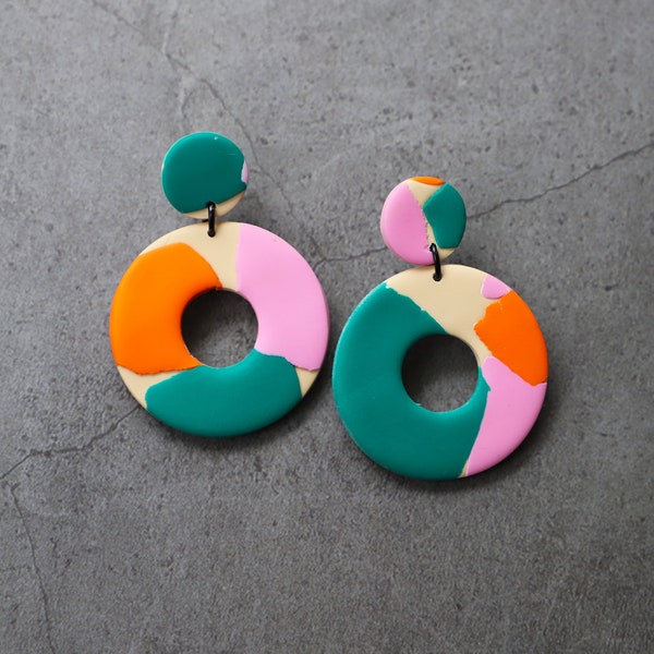 The KB Circle Dangle Earrings | Polymer Clay Earrings | Handmade Statement Earrings |