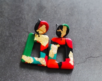 Black, Red, Green and Gold Terrazzo Small Statement Earrings | Polymer Clay Earrings | Handmade Statement Earrings |