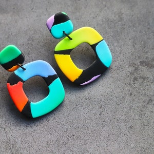 Mini Rainbow Terrazzo Square Dangle Earrings Polymer Clay Earrings Handmade Statement Earrings image 2