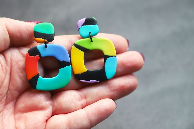 Mini Rainbow Terrazzo Square Dangle Earrings Polymer Clay Earrings Handmade Statement Earrings image 1
