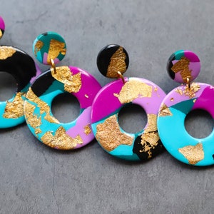 Teal Terrazzo & Gold Foil Circle Statement Earrings | Polymer Clay Earrings | Handmade Statement Earrings |