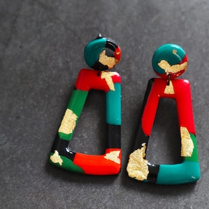 Black, Red, Green and Gold Terrazzo Medium Statement Earrings Polymer Clay Earrings Handmade Statement Earrings image 1