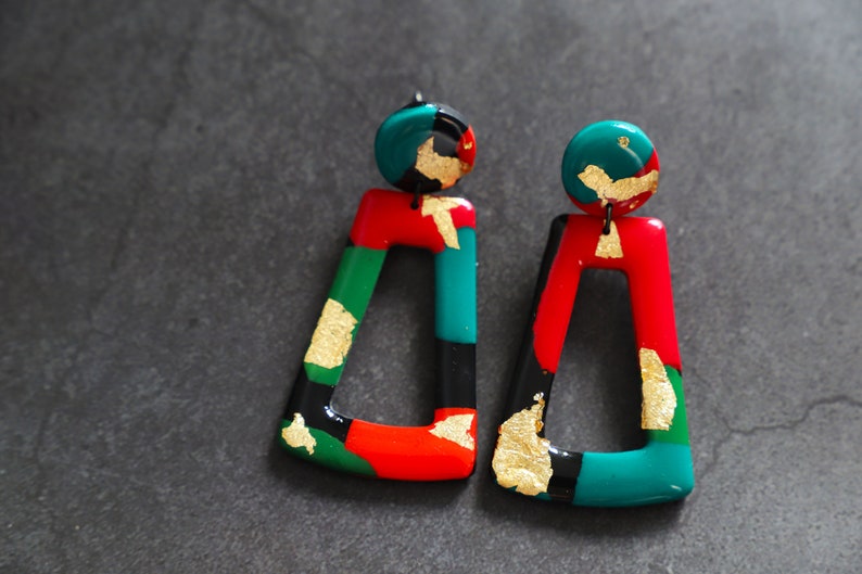 Black, Red, Green and Gold Terrazzo Medium Statement Earrings Polymer Clay Earrings Handmade Statement Earrings image 1