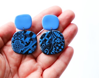 Blue and Black Tile Print Square Statement Earrings | Polymer Clay Earrings | Handmade Statement Earrings |