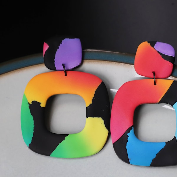 Rainbow Terrazzo Square Dangle Earrings | Polymer Clay Earrings | Handmade Statement Earrings |