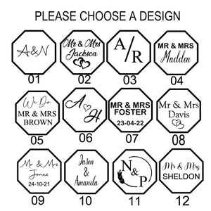 May include: A grid of twelve octagonal designs labeled 01 through 12, each featuring black text and graphics on a white background. The text reads PLEASE CHOOSE A DESIGN, followed by various combinations of names, initials, dates, and heart icons.