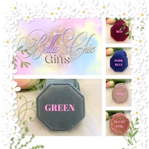 May include: An octagonal velvet ring box available in multiple colors including green, red, dark blue, pink, and blush pink. The text Bella Chic Gifts is displayed prominently. Each box features a soft velvet texture and a distinct eight-sided shape.