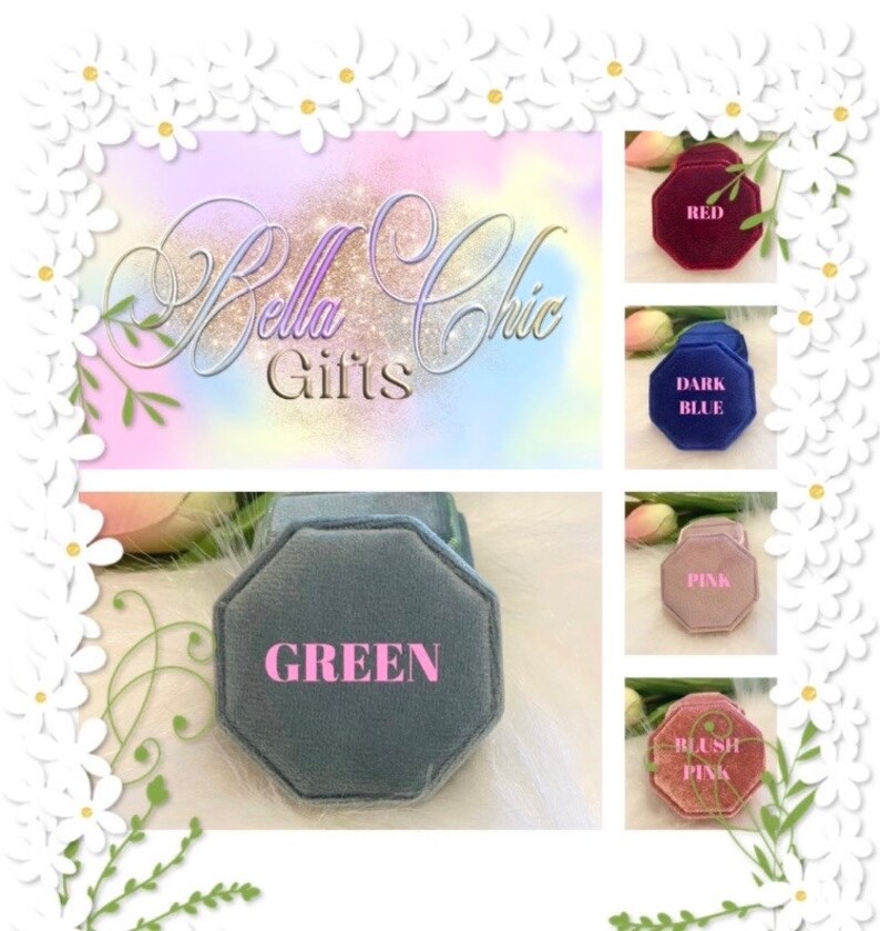 May include: An octagonal velvet ring box available in multiple colors including green, red, dark blue, pink, and blush pink. The text Bella Chic Gifts is displayed prominently. Each box features a soft velvet texture and a distinct eight-sided shape.