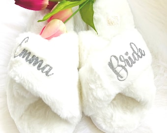 womans Personalised Fluffy Slippers silver Glitter Bride/Bridesmaid Gift,wedding slippers