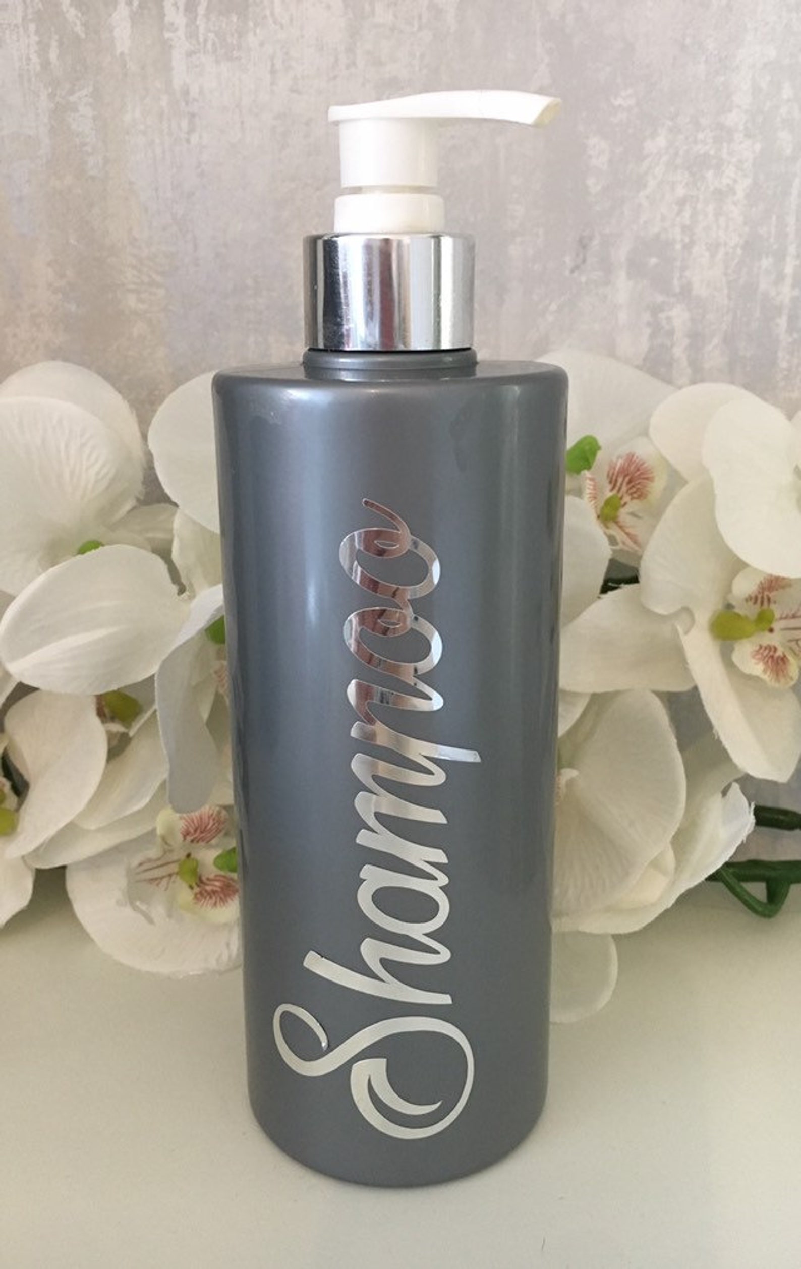 Shampoo and conditioner pump bottle setPersonalised grey pump Etsy