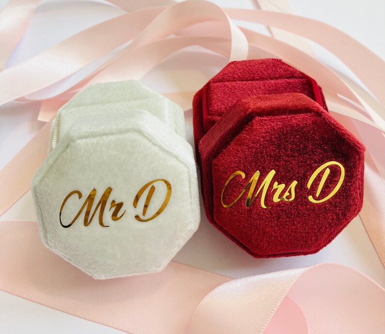 Personalised Velvet Double Ring Box: Octagon Wedding Proposal box,engagement gift image 4