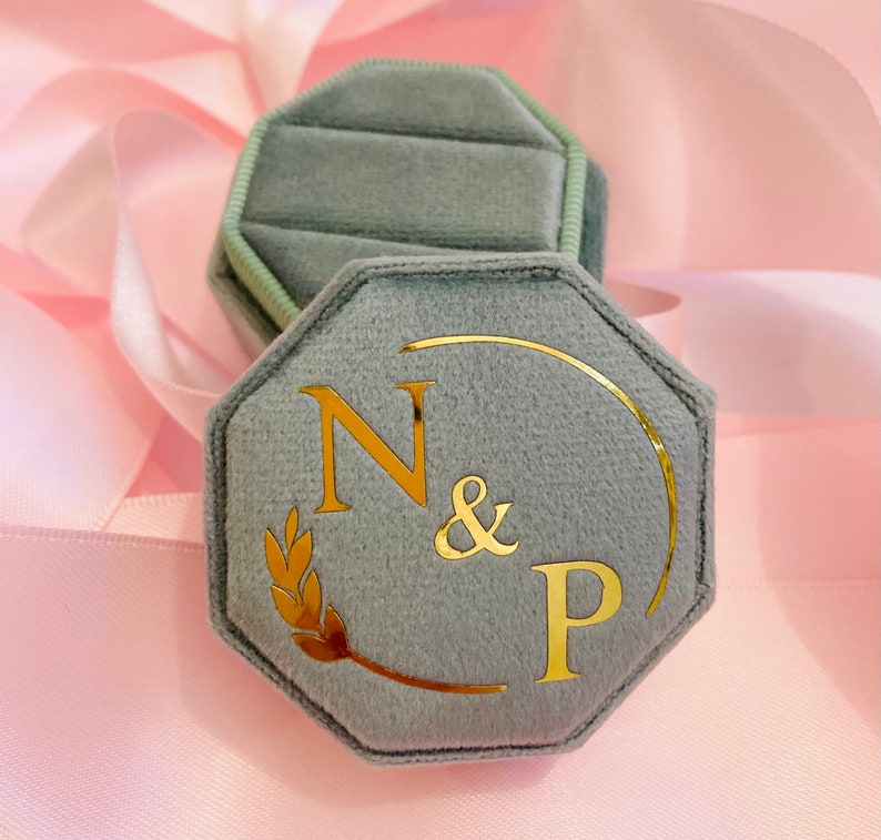 Personalised Velvet Double Ring Box: Octagon Wedding Proposal box,engagement gift image 8